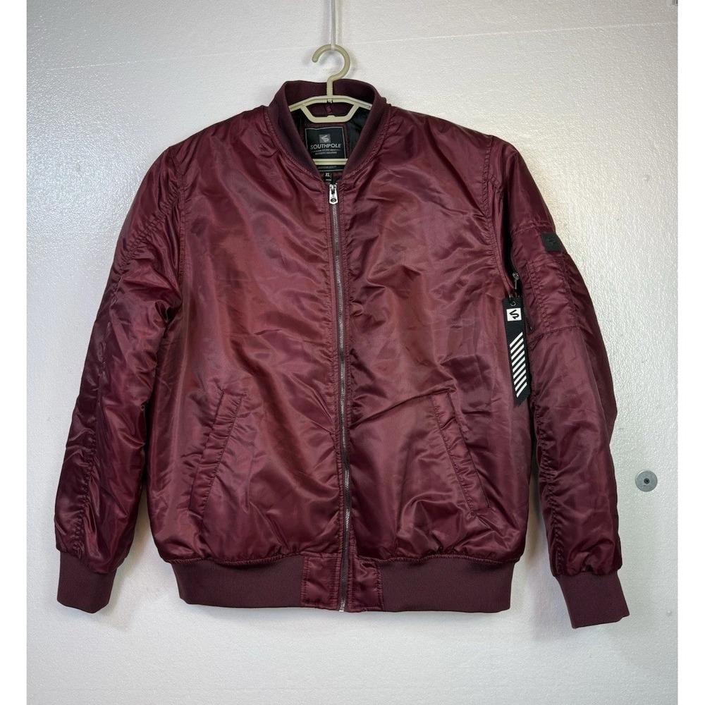 Southpole Mens Bomber Jacket Full Zip Puffer Coat Sz XL Y2K Burgundy Satin